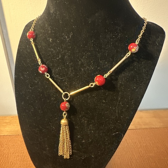 Sarah Coventry Jewelry - Sarah Coventry Gold-tone Necklace with Red Beads and Tassel